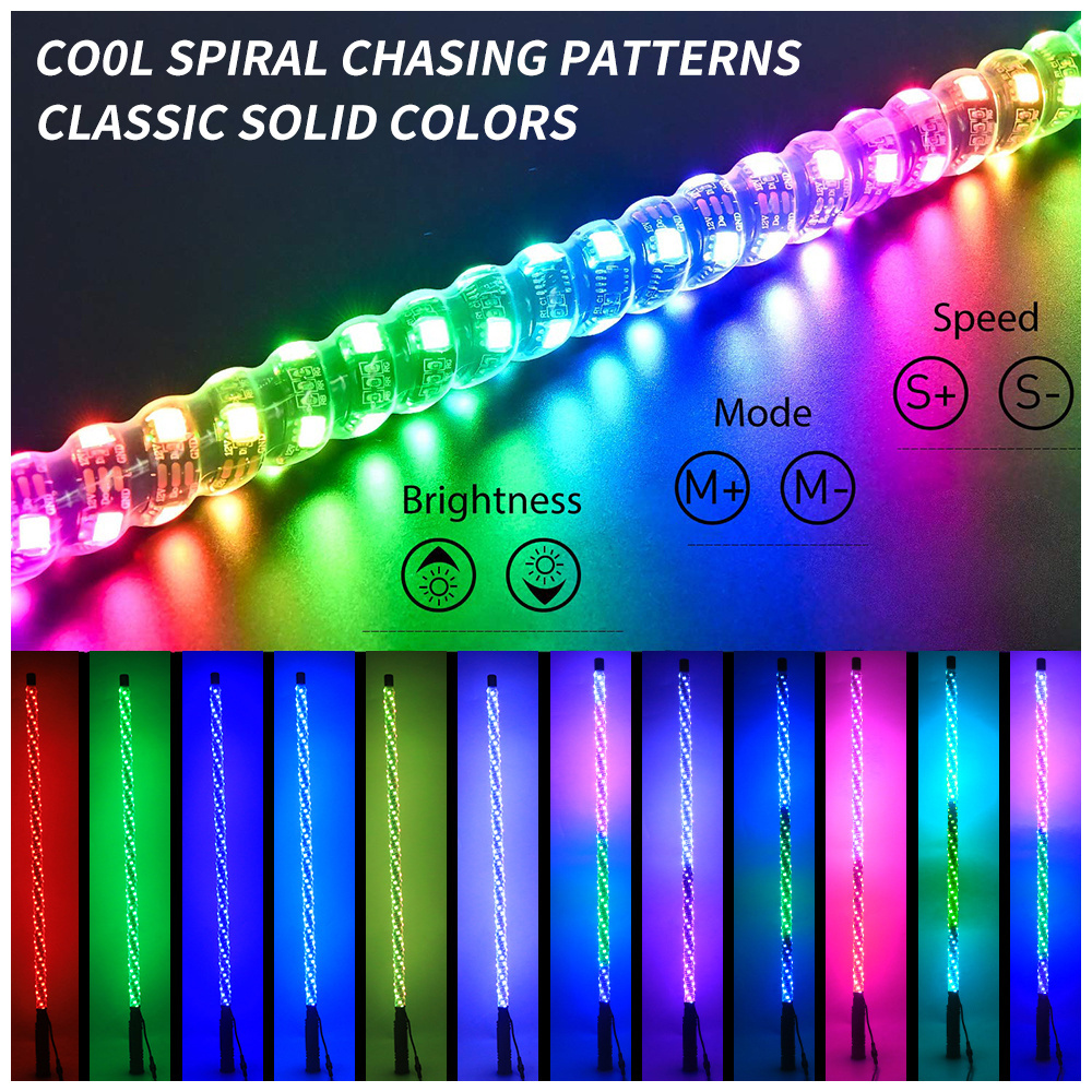 Flexible Led Whip rzr 360 Degree Spiral RGB Antennas Twisted Accessories Remote LED Whip Lights for UTV Off- Road ATV