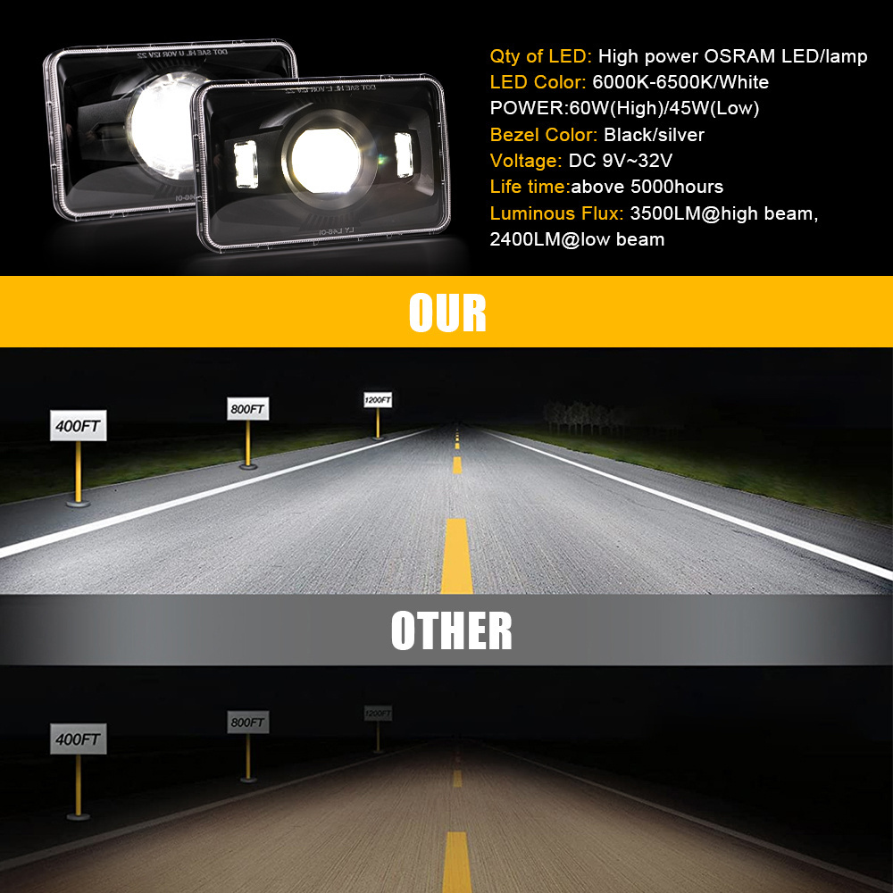 4x6 inch Sealed 60W Headlamp High/Low beam 4x6 Inch Led Truck Headlamp For Jeep Wrangler pickup For Kenworth For Peterbilt 379