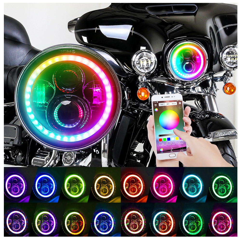 RGB Hid Motorcycle Headlight Bike Assembly Accessories Kit Head Changing Colour Lamp 7inch Motorcycle Led Headlight For Harley