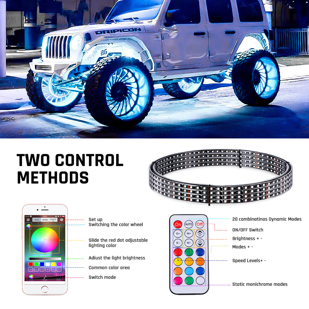 Customized Music App Control Color Double Side Rgb Wheel Lights Rgb Led Car Wheel Light Dual Row Wheel Lights For Jeep Truck