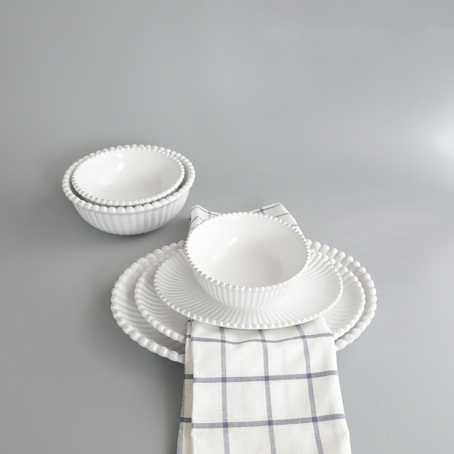 9.25/11/13 Inch Clear Ceramic Charger Plates Table Dinner Oval Fish Plates White Beaded Embossed Pearl Edge Plate