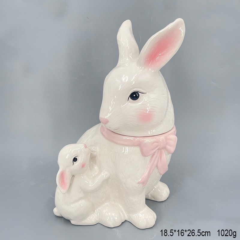 Ceramic Rabbit Canister Bunny Shape For Easter Animal Storage Jar With Silicone Gasket Hand Painting Easter Rabbit Cookie Jar