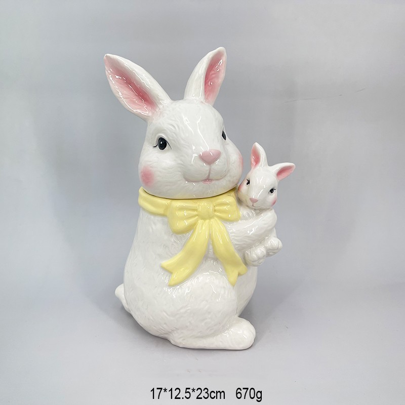 Ceramic Rabbit Canister Bunny Shape For Easter Animal Storage Jar With Silicone Gasket Hand Painting Easter Rabbit Cookie Jar