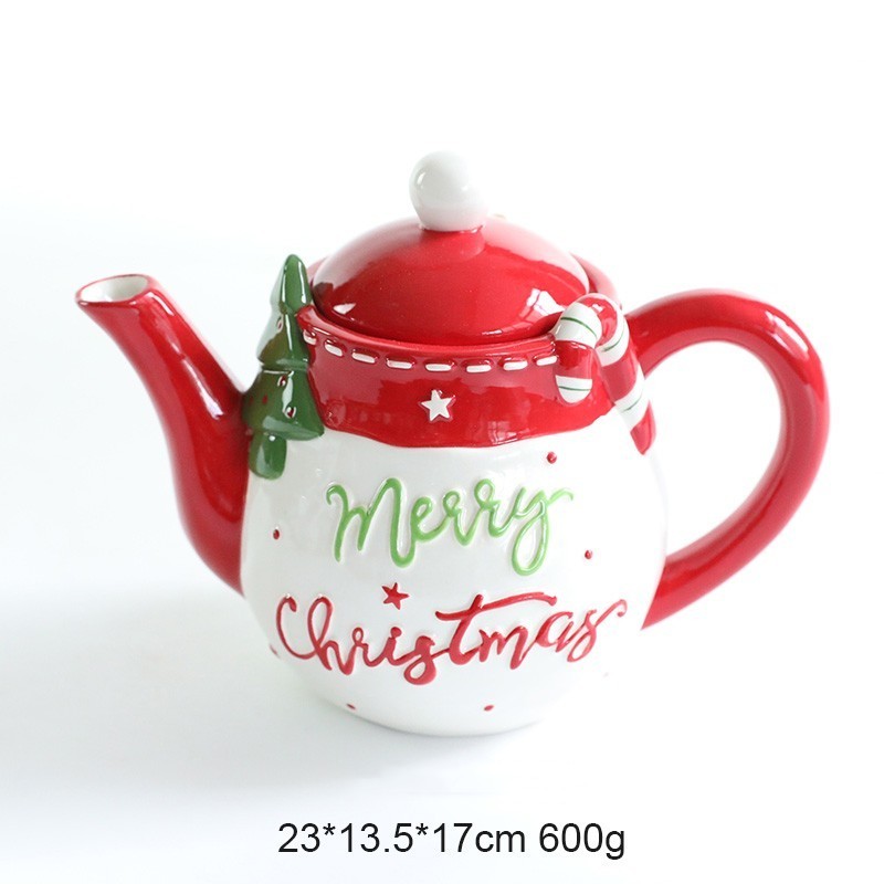 Customized Design Red and White Christmas Festival Santa Head Shaped Ceramic Teapot Handmade Painting Glaze Teapots Coffee Pots