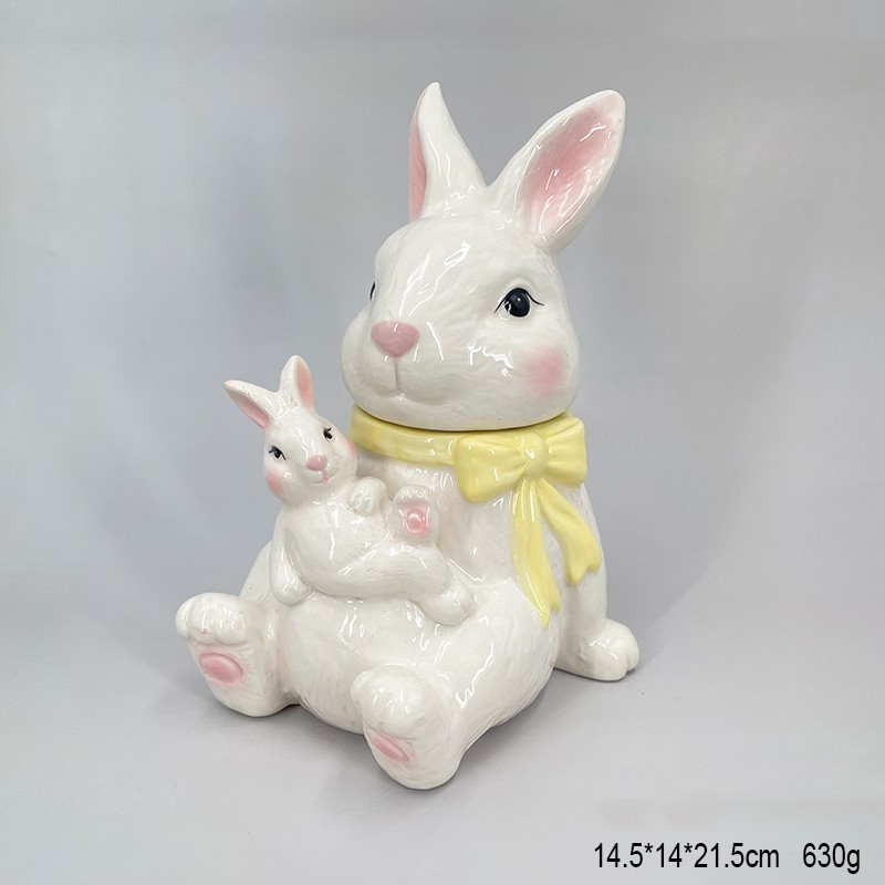 Ceramic Rabbit Canister Bunny Shape For Easter Animal Storage Jar With Silicone Gasket Hand Painting Easter Rabbit Cookie Jar