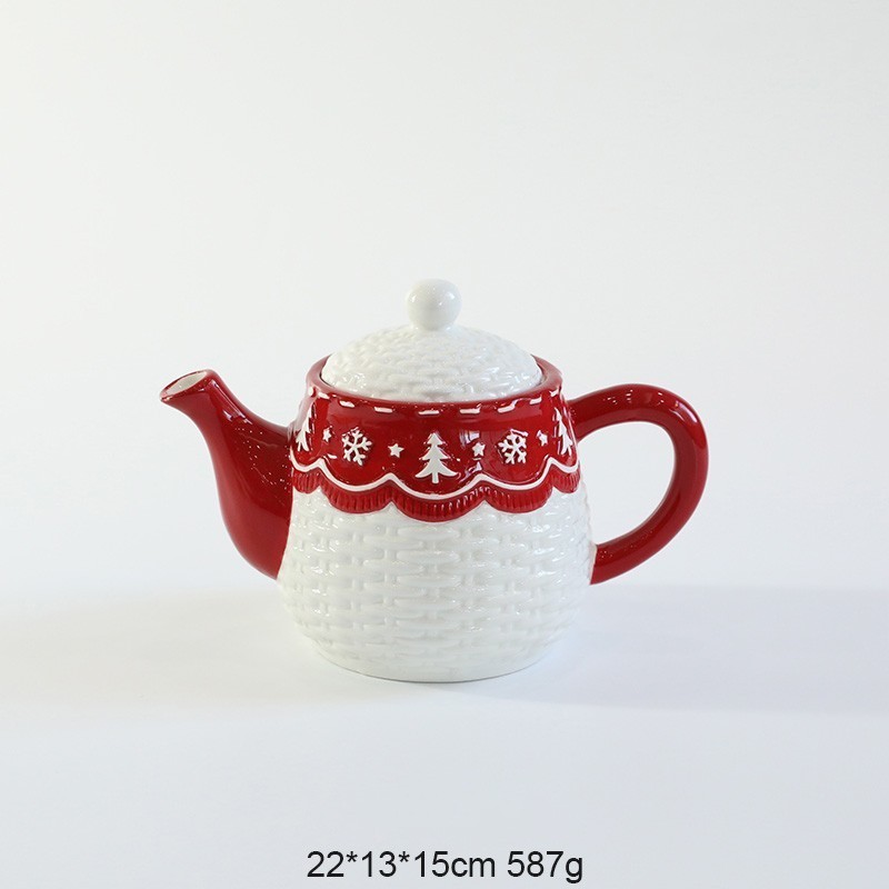 Customized Design Red and White Christmas Festival Santa Head Shaped Ceramic Teapot Handmade Painting Glaze Teapots Coffee Pots