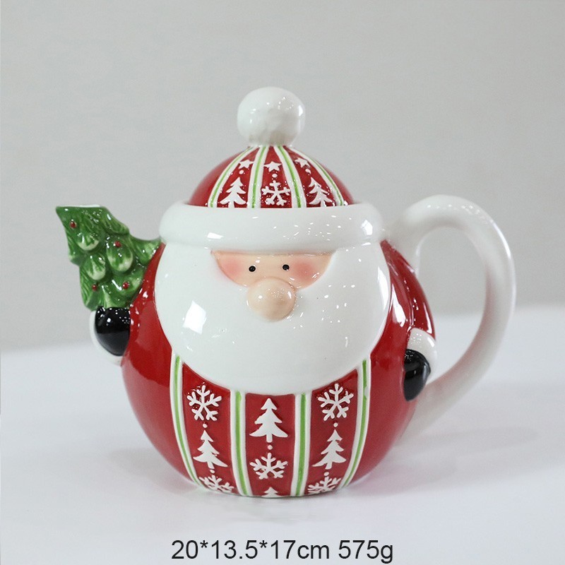 Customized Design Red and White Christmas Festival Santa Head Shaped Ceramic Teapot Handmade Painting Glaze Teapots Coffee Pots