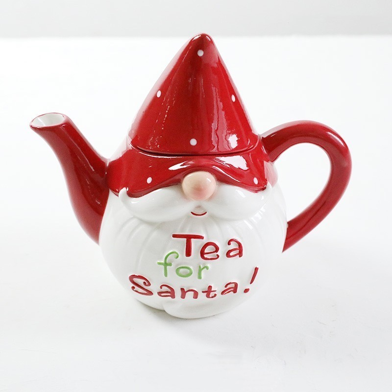 Customized Design Red and White Christmas Festival Santa Head Shaped Ceramic Teapot Handmade Painting Glaze Teapots Coffee Pots