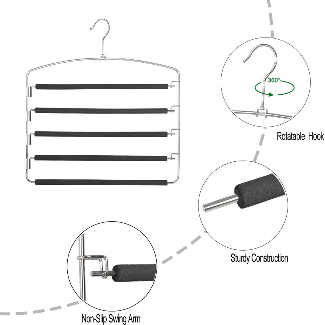 5 Layers Swing Arm Trousers Hanger Space Saving Pants Rack Jeans Hangers With Non-slip Multiple Closet Organizer