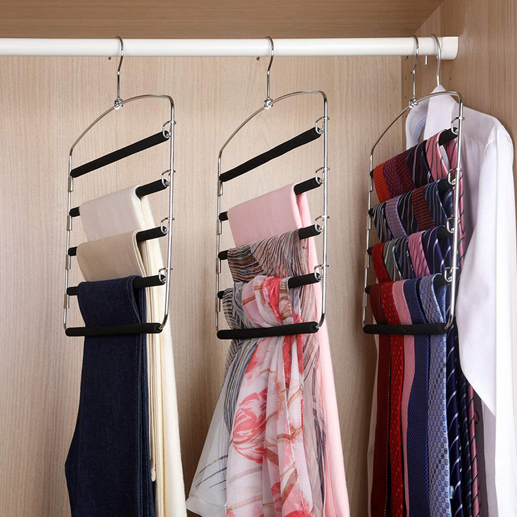 Multifunctional Multi-layer Foldable Closet Space Saving Non-slip Swing Arm Scarf Display Metal Pants Hangers