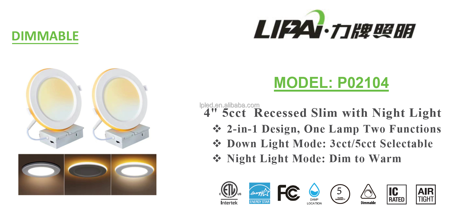 4inch 6 Inch 5CCT LED Recessed Ceiling Light with Night Light 9W+3W 12W+3W Dimmable Canless Wafer Downlight  ETL ES Slim Panel