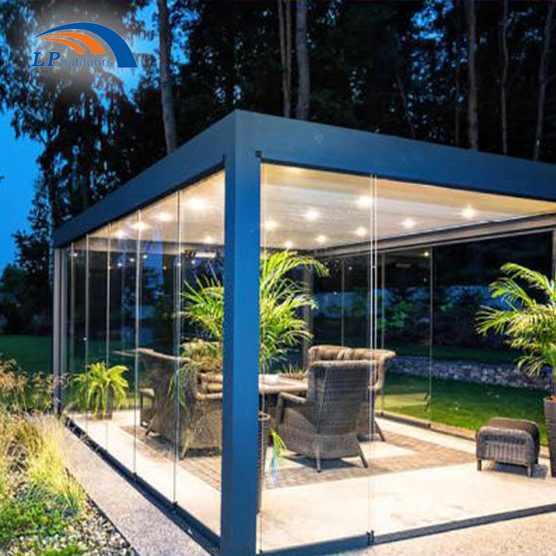 Bioclimatic gazebo Pavilion Motorized  Adjustable Aluminum Louver Roof Pergola With LED Lights