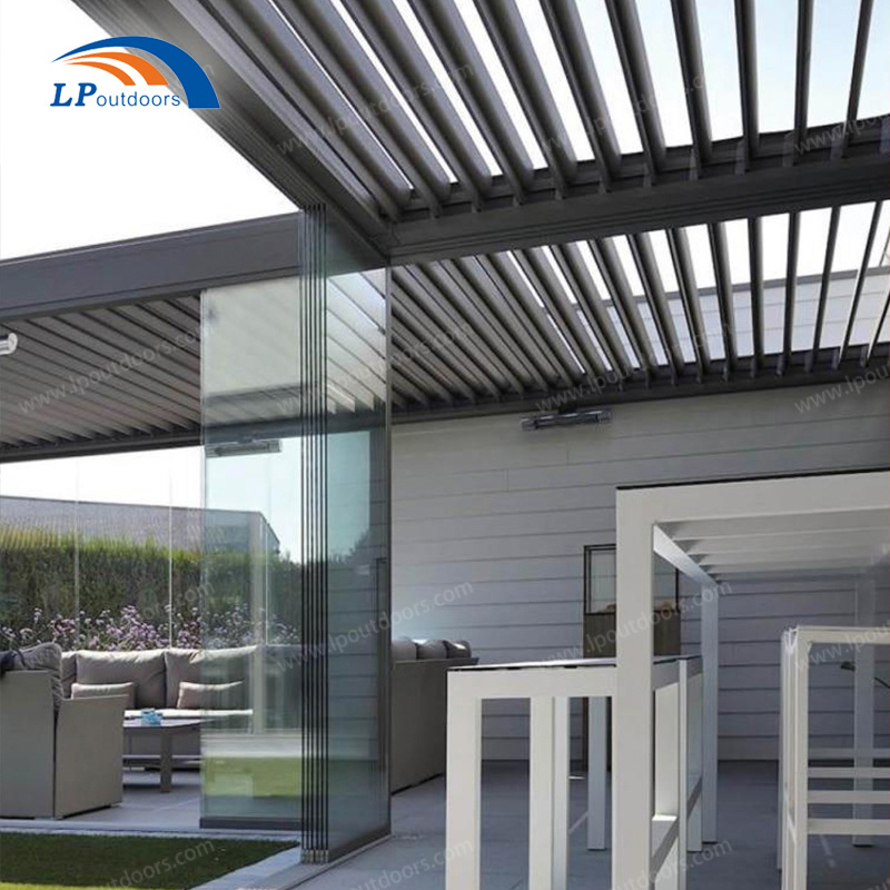 Bioclimatic gazebo Pavilion Motorized  Adjustable Aluminum Louver Roof Pergola With LED Lights