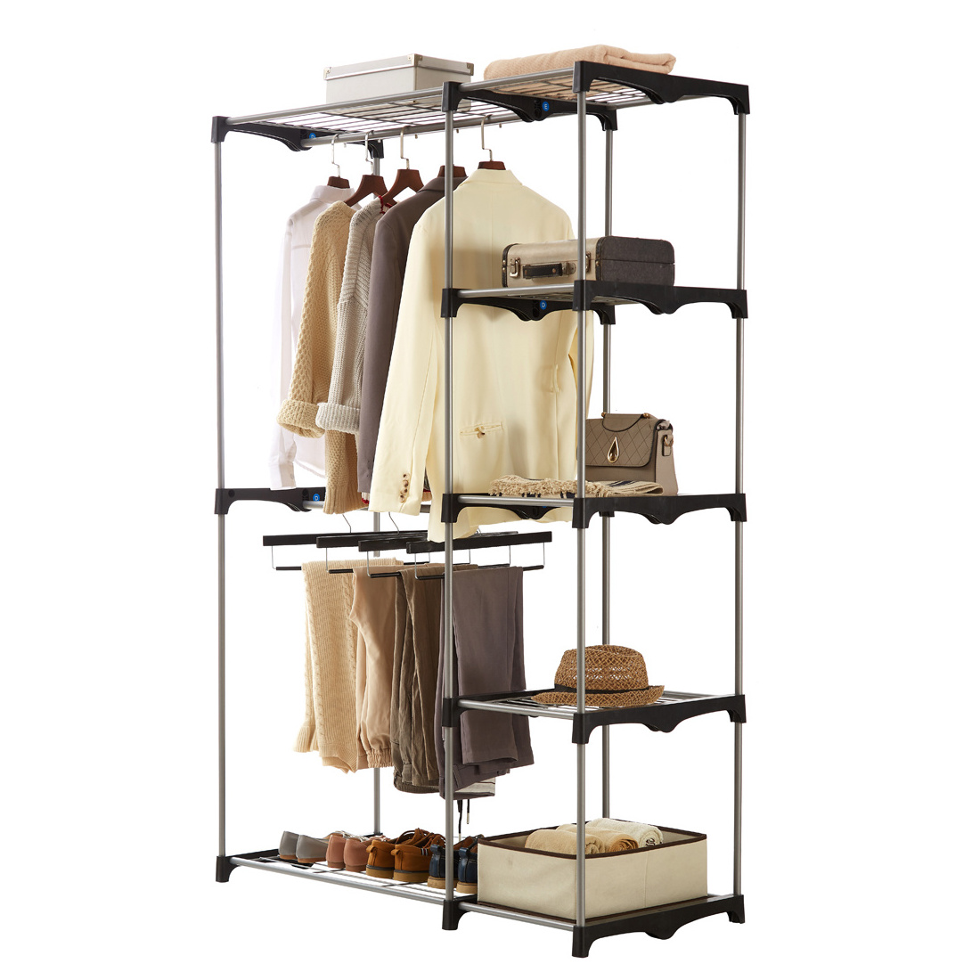 Best selling double rod closet portable closet organizer wardrobe clothes storage shelves