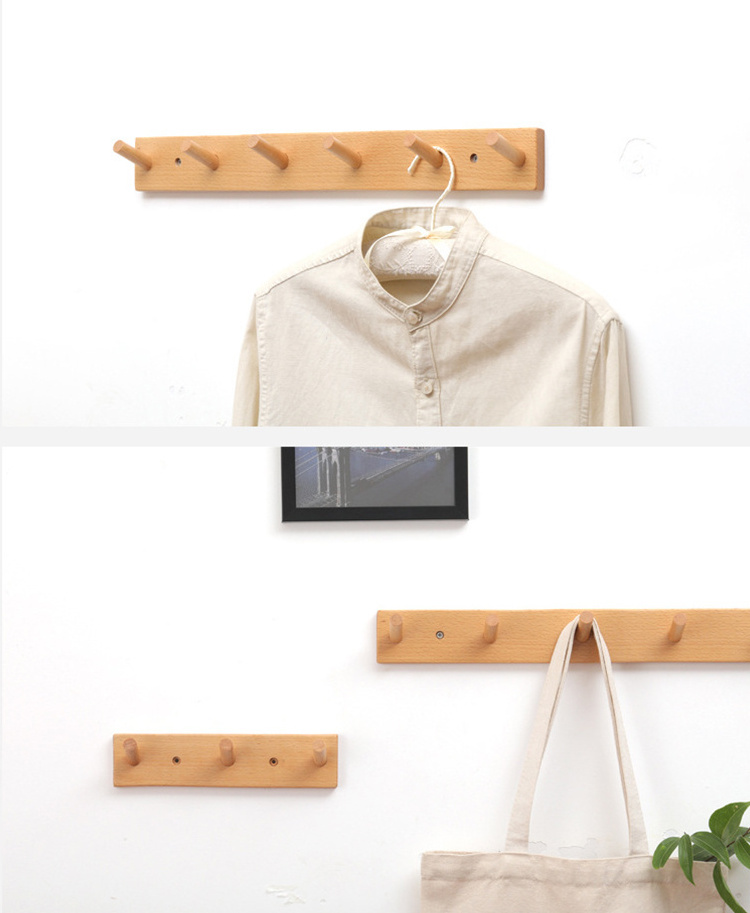 Natural Wooden Wall 6 Hook Hanger Heavy Coat Strip Towel Hat Key Hooks Wall Mounted