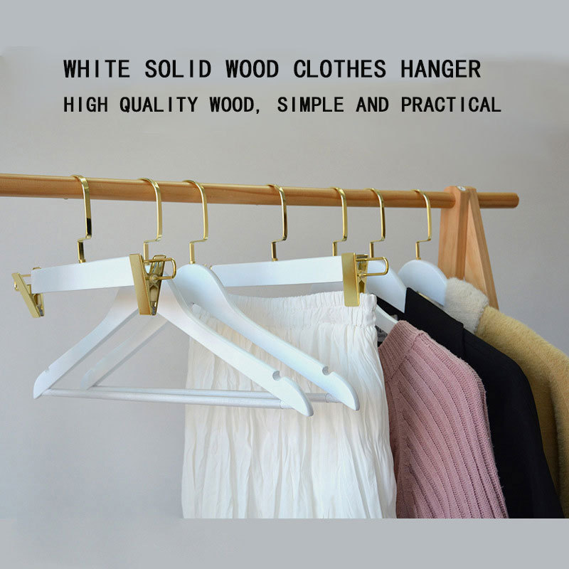 Wholesale Custom LOGO Solid Wooden Hangers Pants Trousers Coat White Shirt Rod Wooden Hangers With golden hook