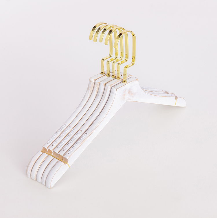 New design luxury premium non slip white wooden coat clothes hanger with gold hook