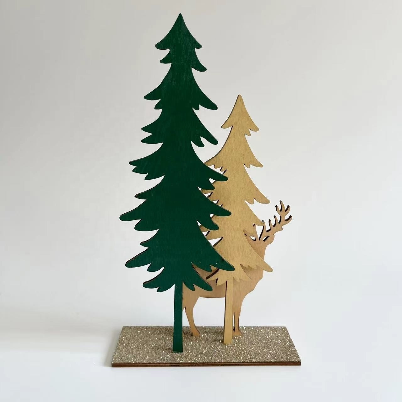 Wooden Christmas Tree & Reindeer Table Decoration with glitters