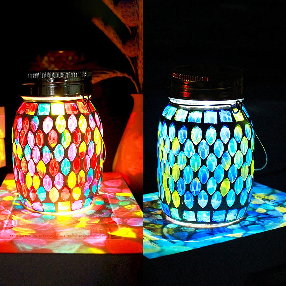 Solar Lantern Mason Jar Lamp Mosaic Projection Hanging Lamp LED Table Light For Outdoor Landscape Garden