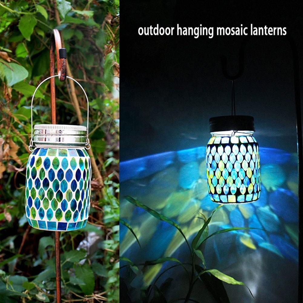 Solar Lantern Mason Jar Lamp Mosaic Projection Hanging Lamp LED Table Light For Outdoor Landscape Garden