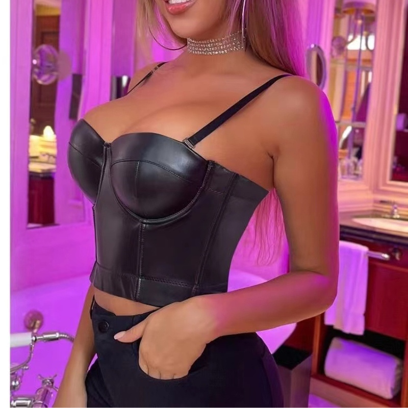 2020 New Arrivals Women Sexy Black Leather Corset Top Sexy Halter Top Pu Leather Bustiers Corsets