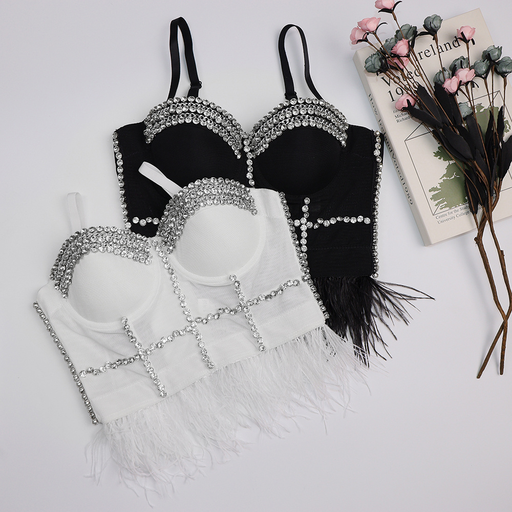 Wholesales  INS Diamond underwear black and white feather women's sexy corset bustier top