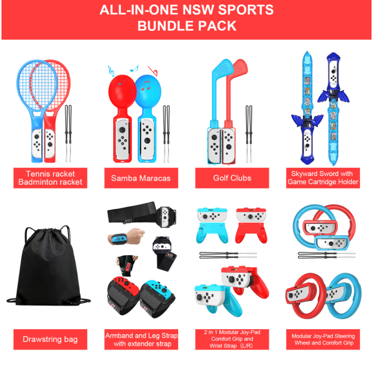 15 in 1 For Nintendo Switch Golf Club Tennis Racket Steering Wheel Wristband for Nintendo Switch Sports Games Accessories Kit