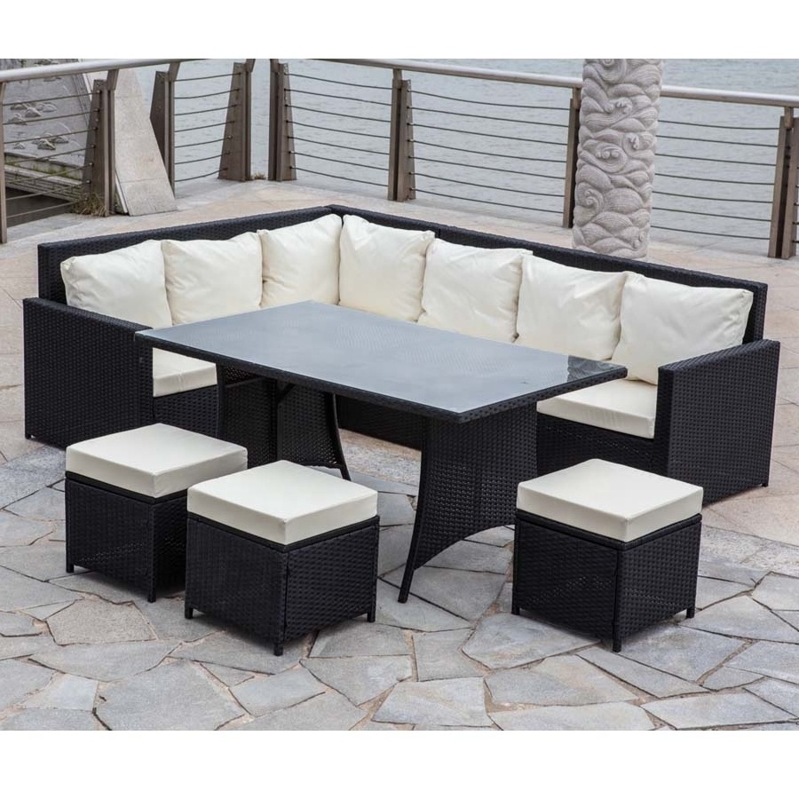 6PC Rattan Dining Set Three Seater Sofa with Dining Table and Stool PE Wicker Outdoor Furniture