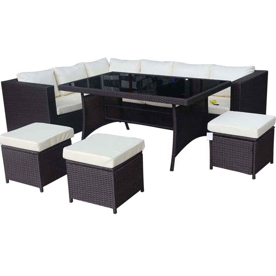 6PC Rattan Dining Set Three Seater Sofa with Dining Table and Stool PE Wicker Outdoor Furniture