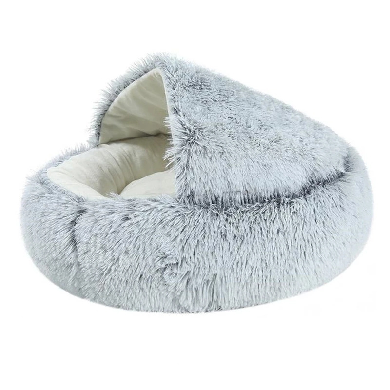 Plush Round Hooded Pet Bed Washable Puppy Donut Bed Burrow Cave Bed Calming Crate Pad for Kittens Small Animals 15x8 Inches