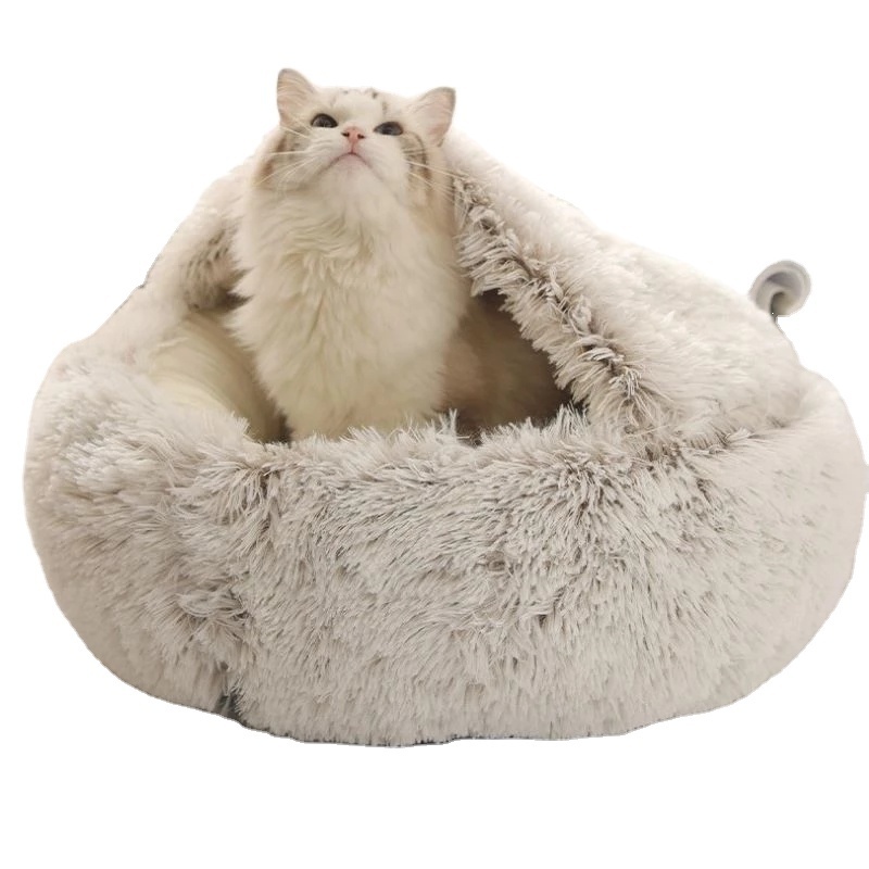 Plush Round Hooded Pet Bed Washable Puppy Donut Bed Burrow Cave Bed Calming Crate Pad for Kittens Small Animals 15x8 Inches