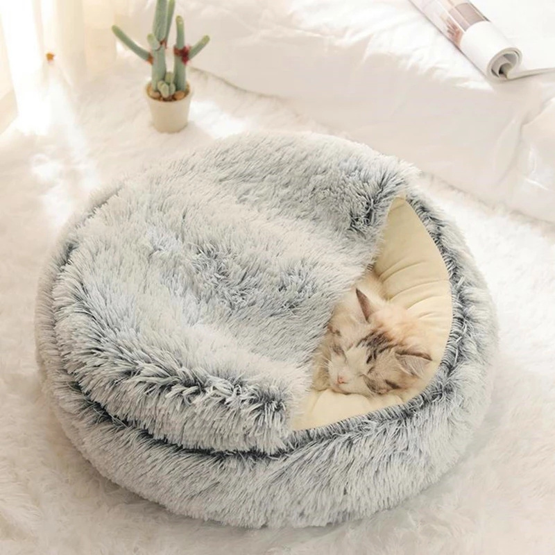 Plush Round Hooded Pet Bed Washable Puppy Donut Bed Burrow Cave Bed Calming Crate Pad for Kittens Small Animals 15x8 Inches