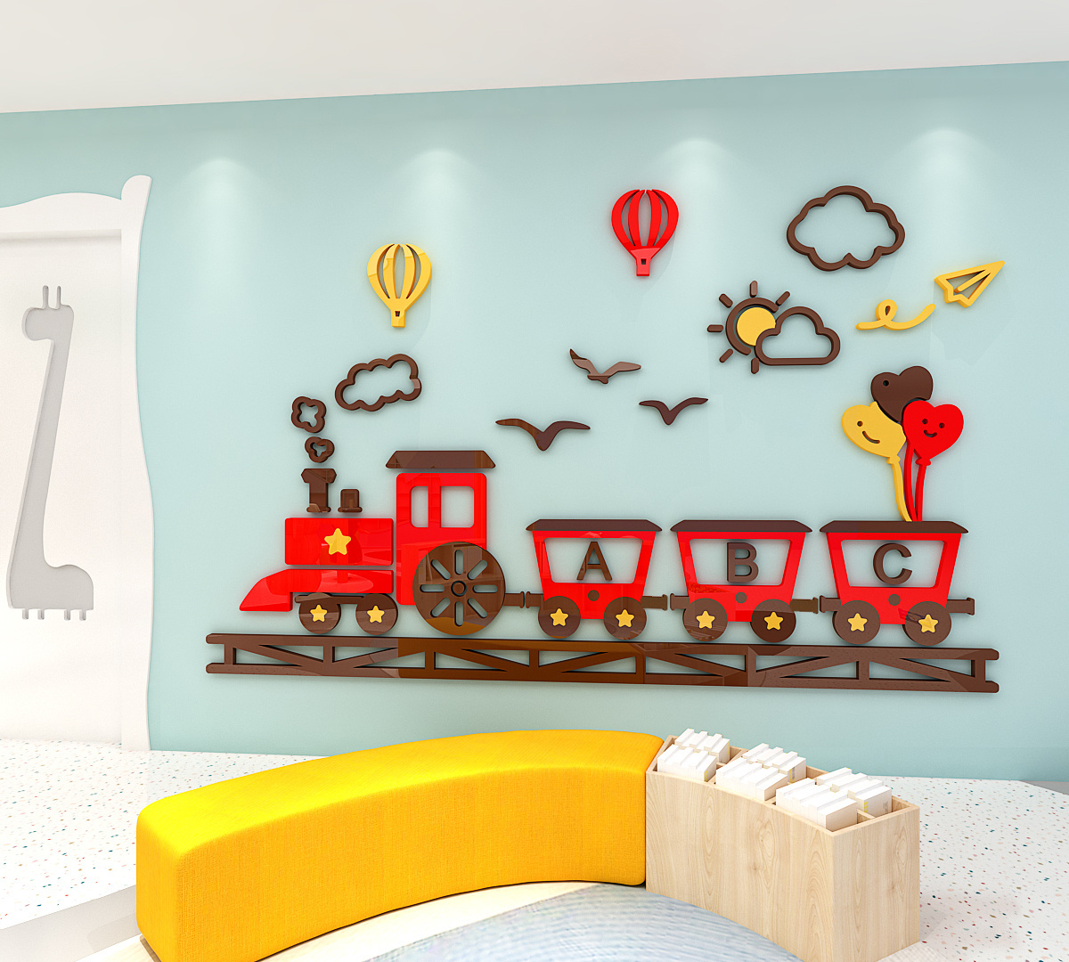 Cartoon small train  stickers wall kids Removable kindergarten game room decoration