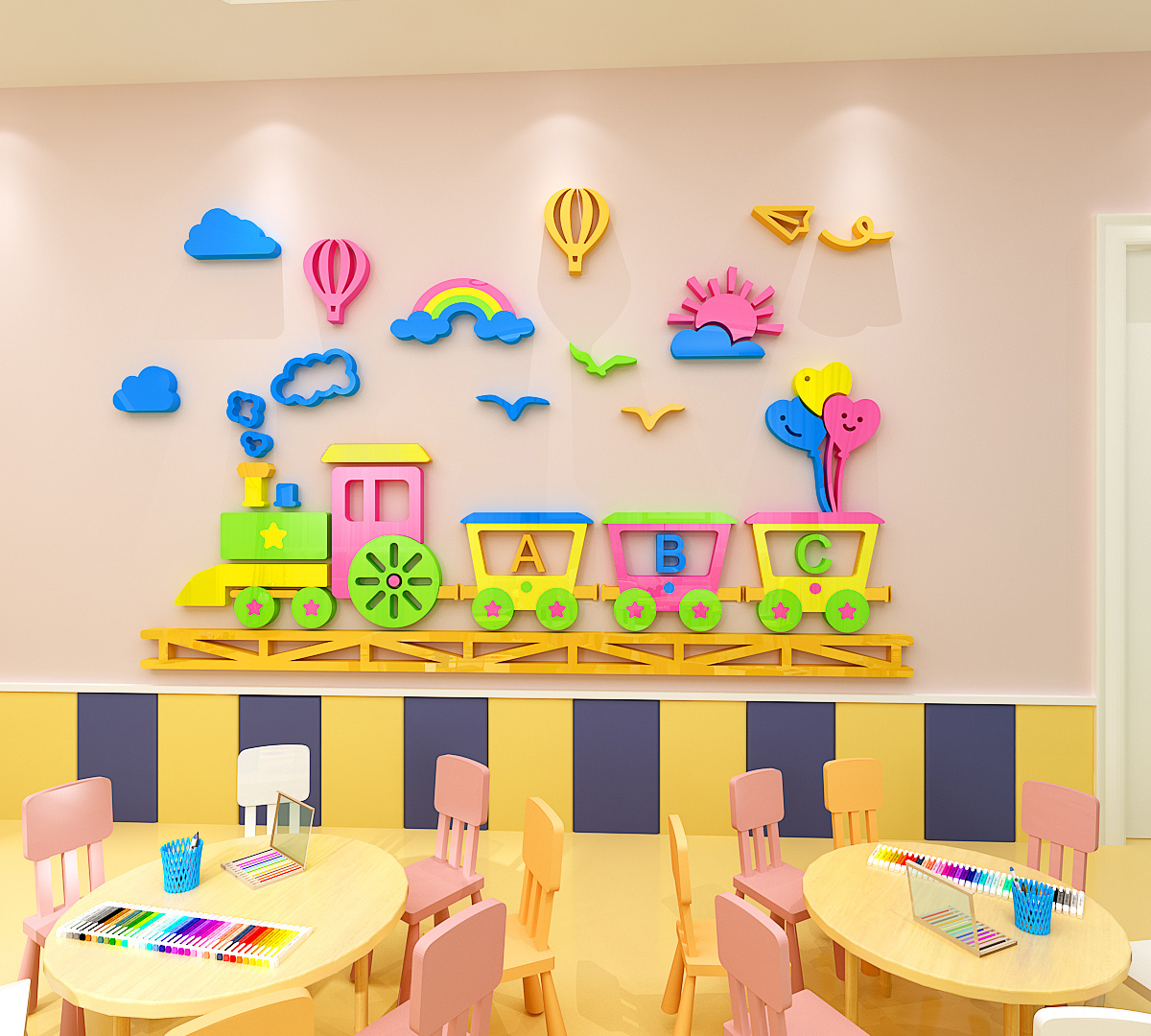 Cartoon small train  stickers wall kids Removable kindergarten game room decoration