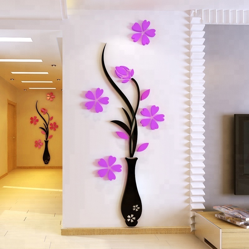 Custom Flower vase shape 3D acrylic Wall Stickers For Home Decoration wall decals