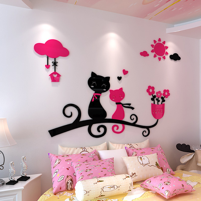 Creative cartoon couple cat home decoration wall poster drawing living room bedroom  	 wall art acrylic wall sticker