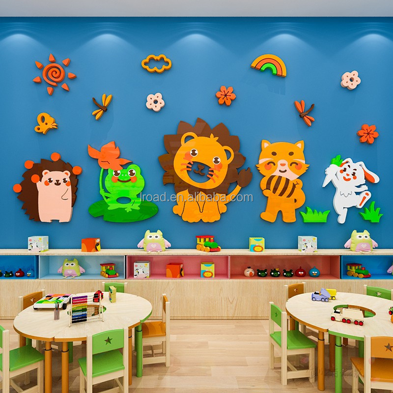 Cartoon Animal Wall Sticker Rainbow Waterproof Wallpaper Acrylic 3D Decoration Kindergarten Wall Mural