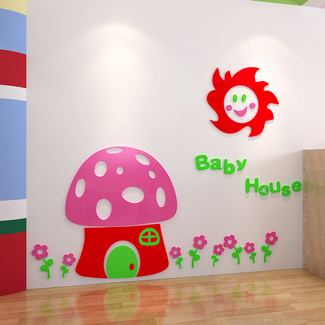 Kindergarten School Classroom Glass Decoration Lovely Cartoon Fantasy Mushroom House Children'S Room acrylic 3D Wall Sticker