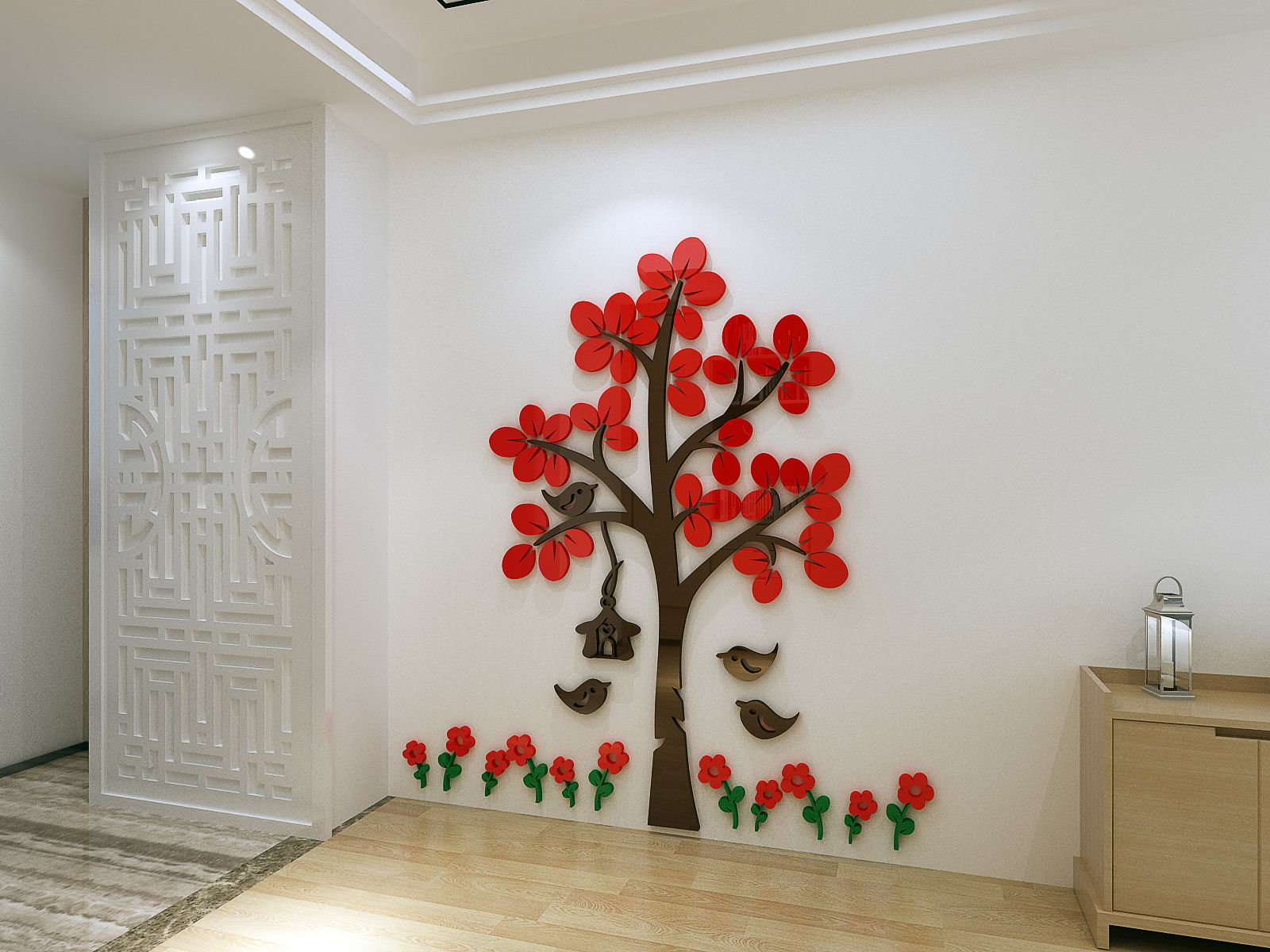 Cartoon tree wall sticker  with flower and bird detachable wall decoration is suitable for children's living room and bedroom