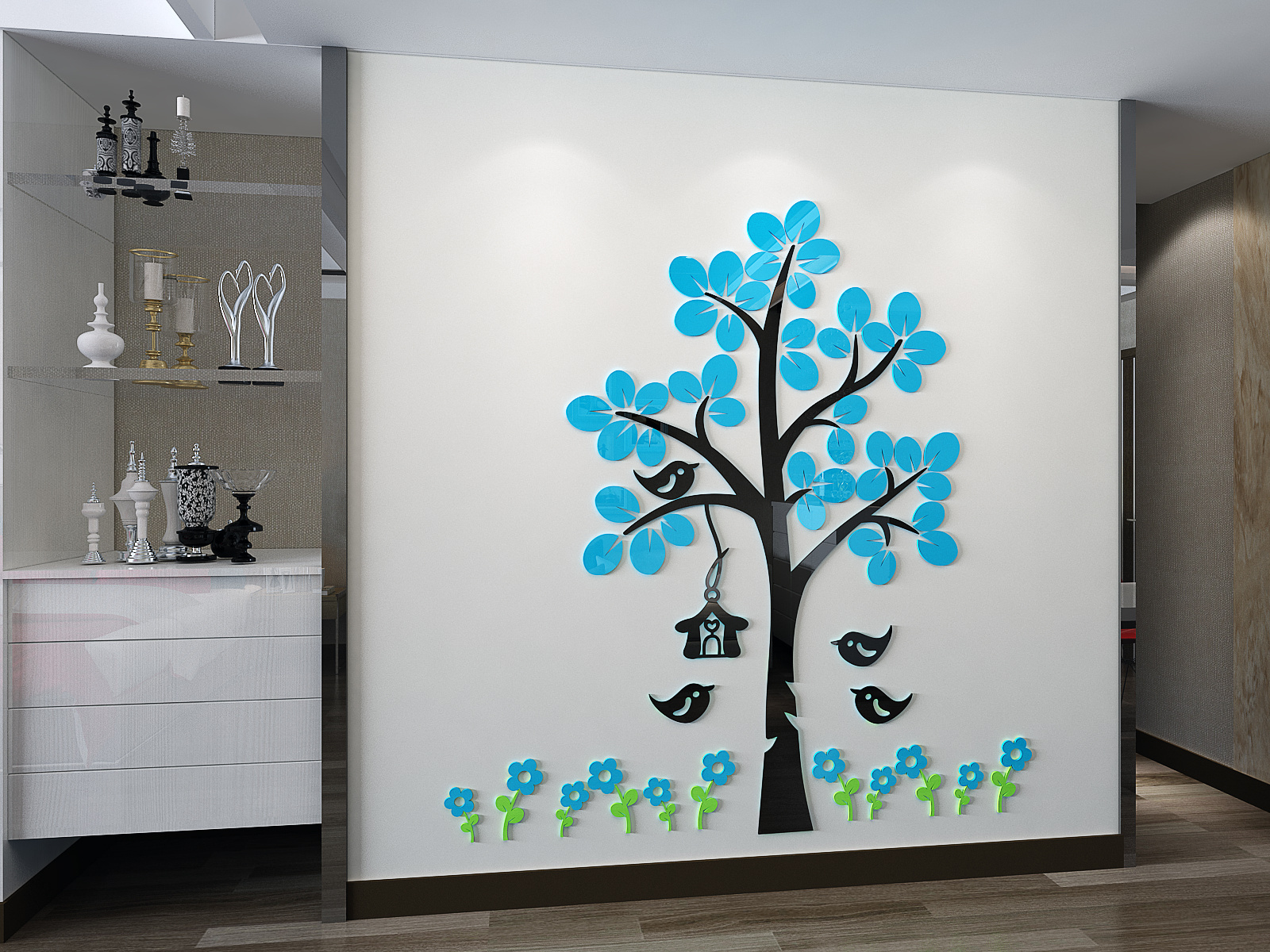 Cartoon tree wall sticker  with flower and bird detachable wall decoration is suitable for children's living room and bedroom