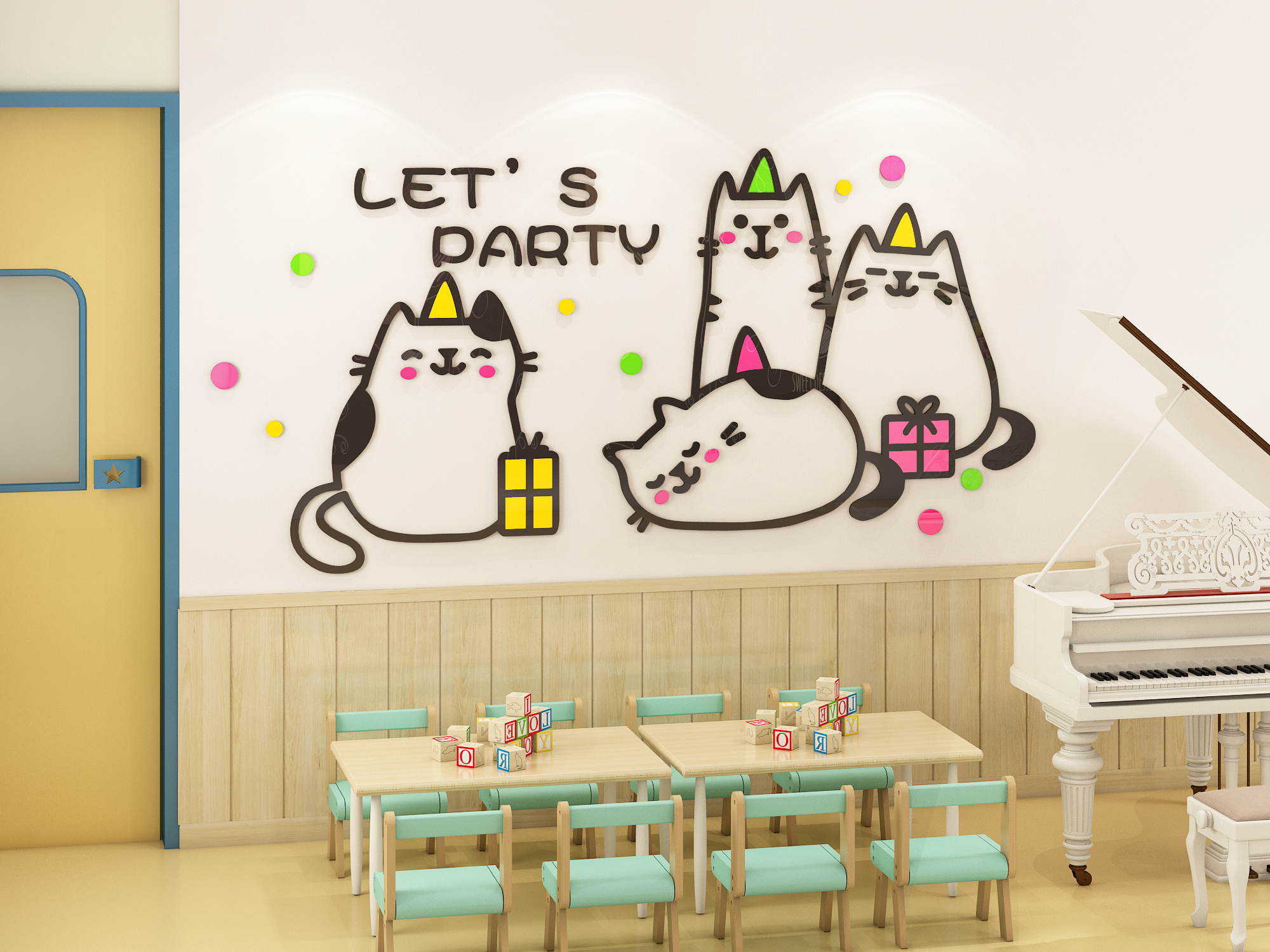 Wholesale cute cat Kawai sticker custom removable acrylic wall sticker children's bedroom kindergarten Wall Sticker