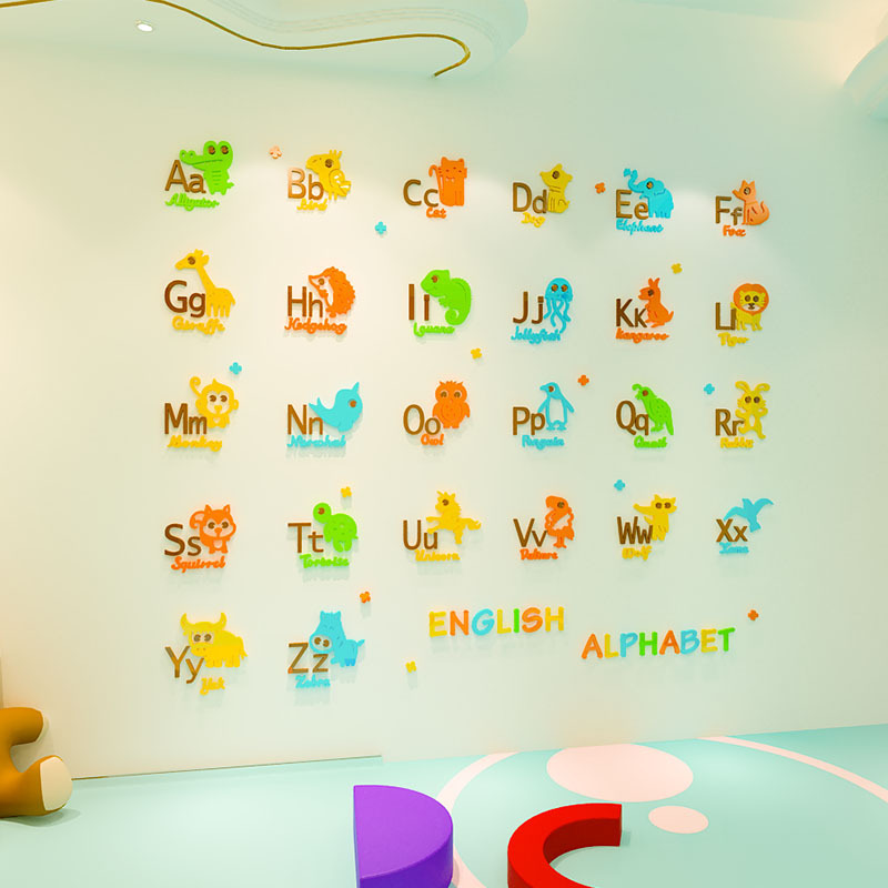 Self adhesive school cartoon animal alphabet educational wall stickers for baby children room decoration