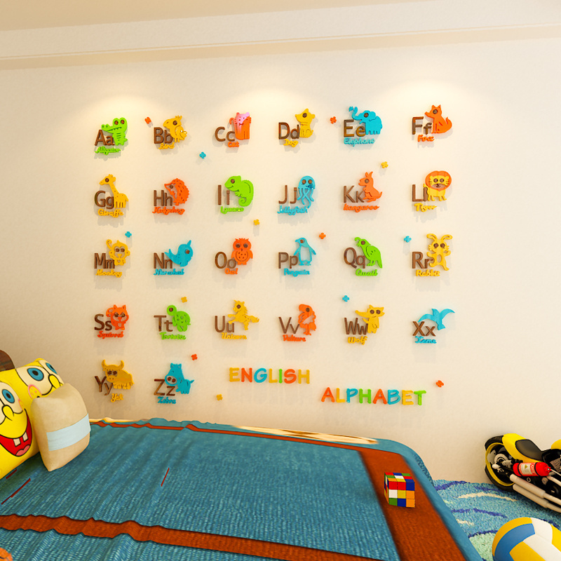 Self adhesive school cartoon animal alphabet educational wall stickers for baby children room decoration