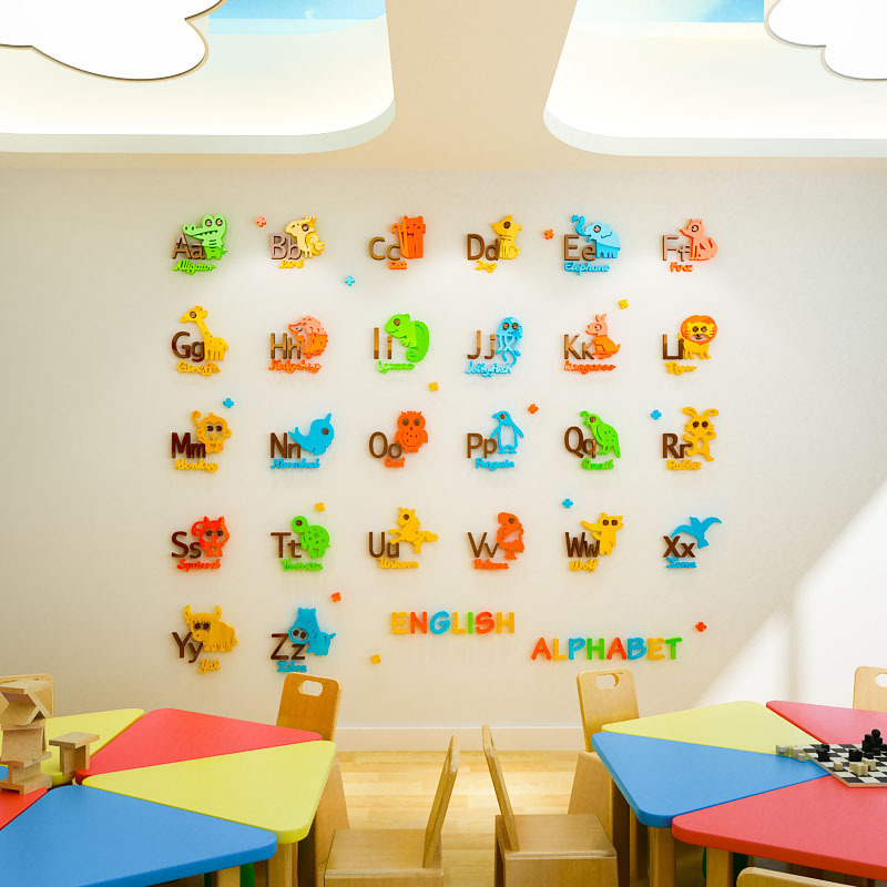 Self adhesive school cartoon animal alphabet educational wall stickers for baby children room decoration