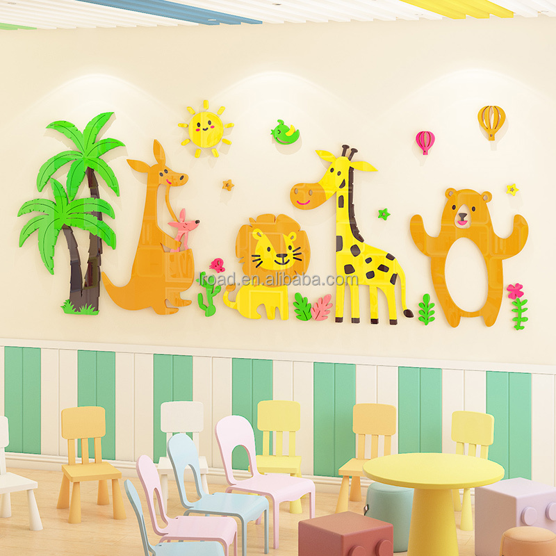 3D Cartoon Jungle wild animal tree bridge lion Giraffe elephant birds flowers nursery Acrylic wall stickers for kids room