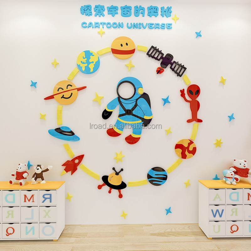 cartoon universe wall sticker star planet solar system space astronaut rocket acrylic 3D sticker classroom wall decoration