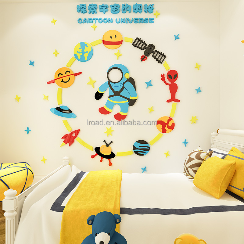 cartoon universe wall sticker star planet solar system space astronaut rocket acrylic 3D sticker classroom wall decoration