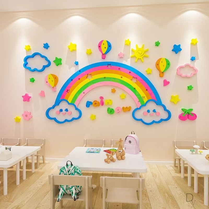 3D acrylic rainbow white clouds hot air balloon stickers kindergarten girls bedroom kids room home decoration wall stickers