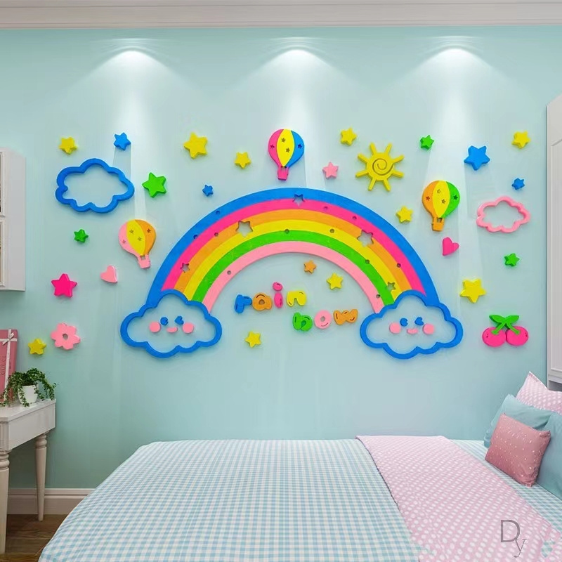 3D acrylic rainbow white clouds hot air balloon stickers kindergarten girls bedroom kids room home decoration wall stickers