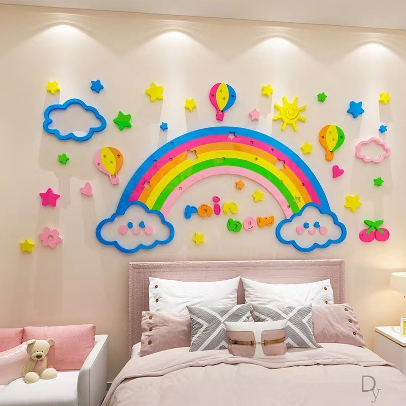 3D acrylic rainbow white clouds hot air balloon stickers kindergarten girls bedroom kids room home decoration wall stickers